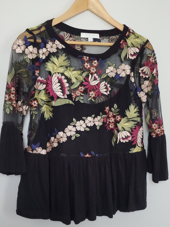 eri+ali Tops - Eri+Ali Floral Embroidered Black Mesh Peplum Tunic